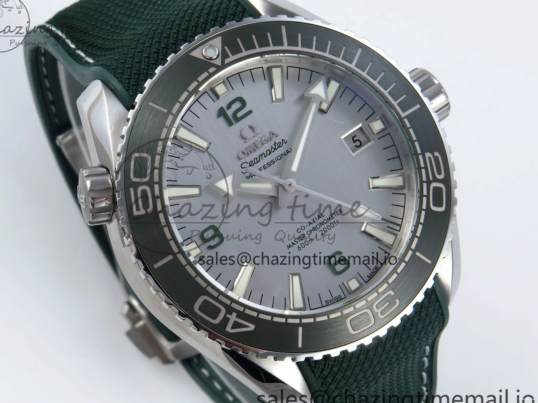 0416 Bold Seamaster Planet Ocean 600M 43.5mm SS SCF 1:1 Best Edition Green Bezel Gray Dial on Green Rubber Strap A8900 Super Clone 7666